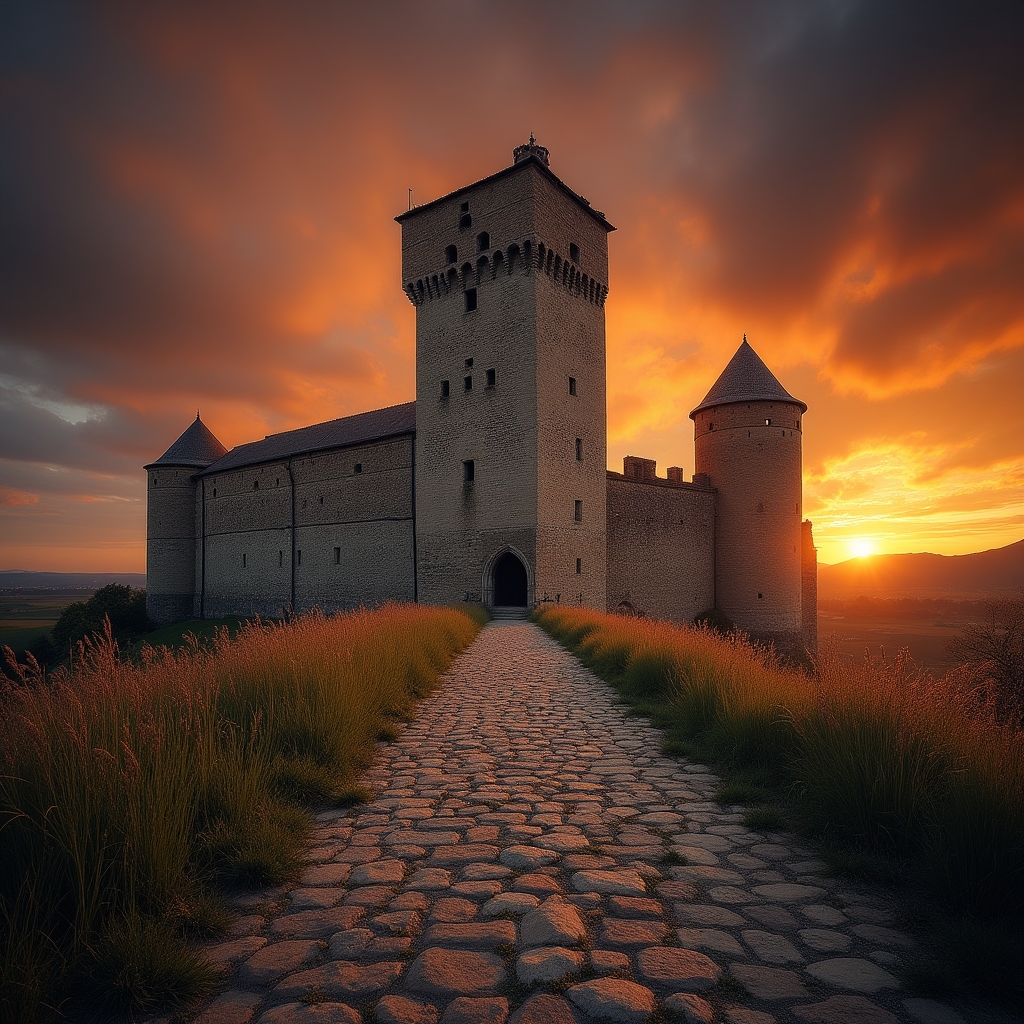 Fotografie cetate medievală românească la apus de soare
