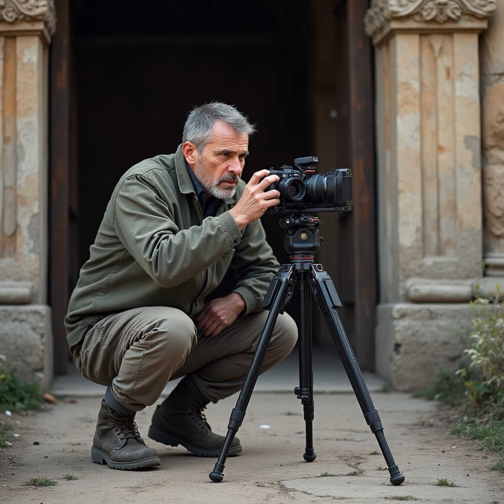 Fotograf documentând o clădire istorică cu aparat foto pe trepied