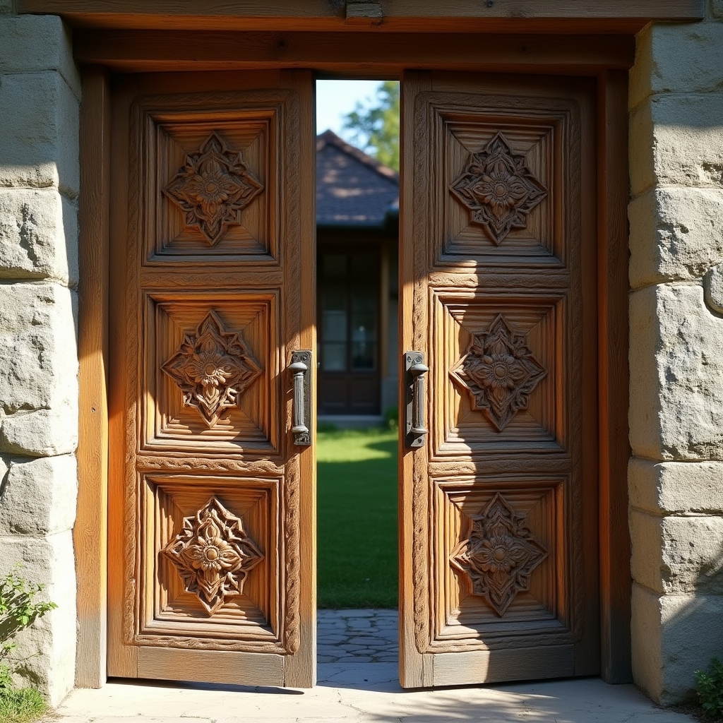 Poartă tradițională din lemn sculptat din Bucovina cu motive geometrice