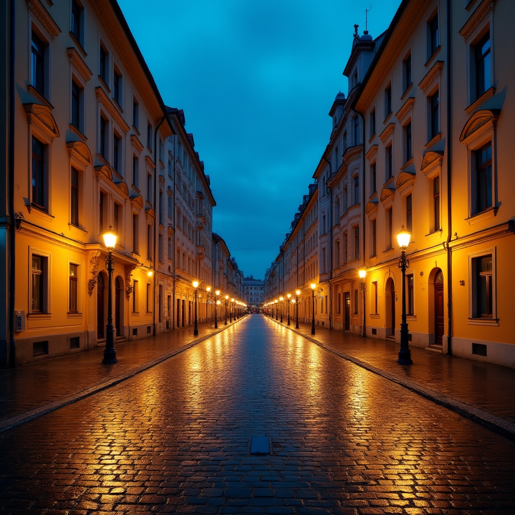 Stradă cu clădiri interbelice fotografiată la ora albastră seara