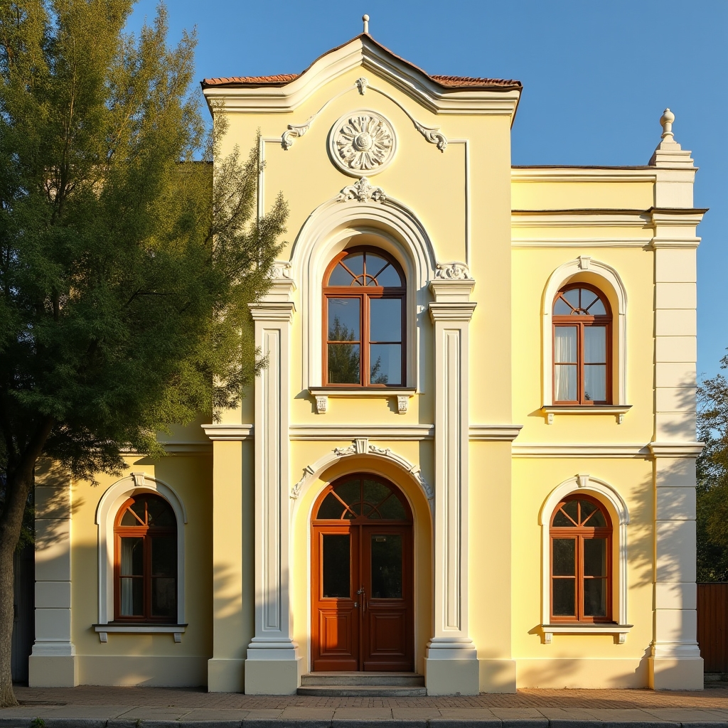 Vilă interbelică art deco cu balcon ornamentat și fațadă colorată